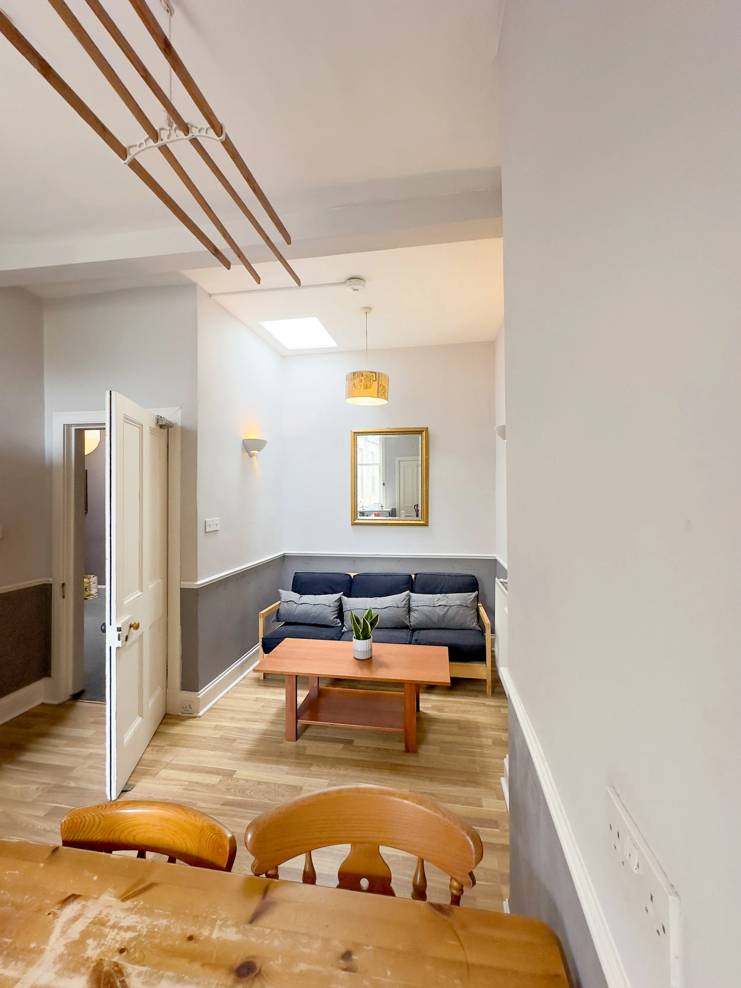 Living room with a black sofa, wooden coffee table with a potted plant, framed mirror on white wall, small wall sconce, and ceiling light, with wooden flooring.