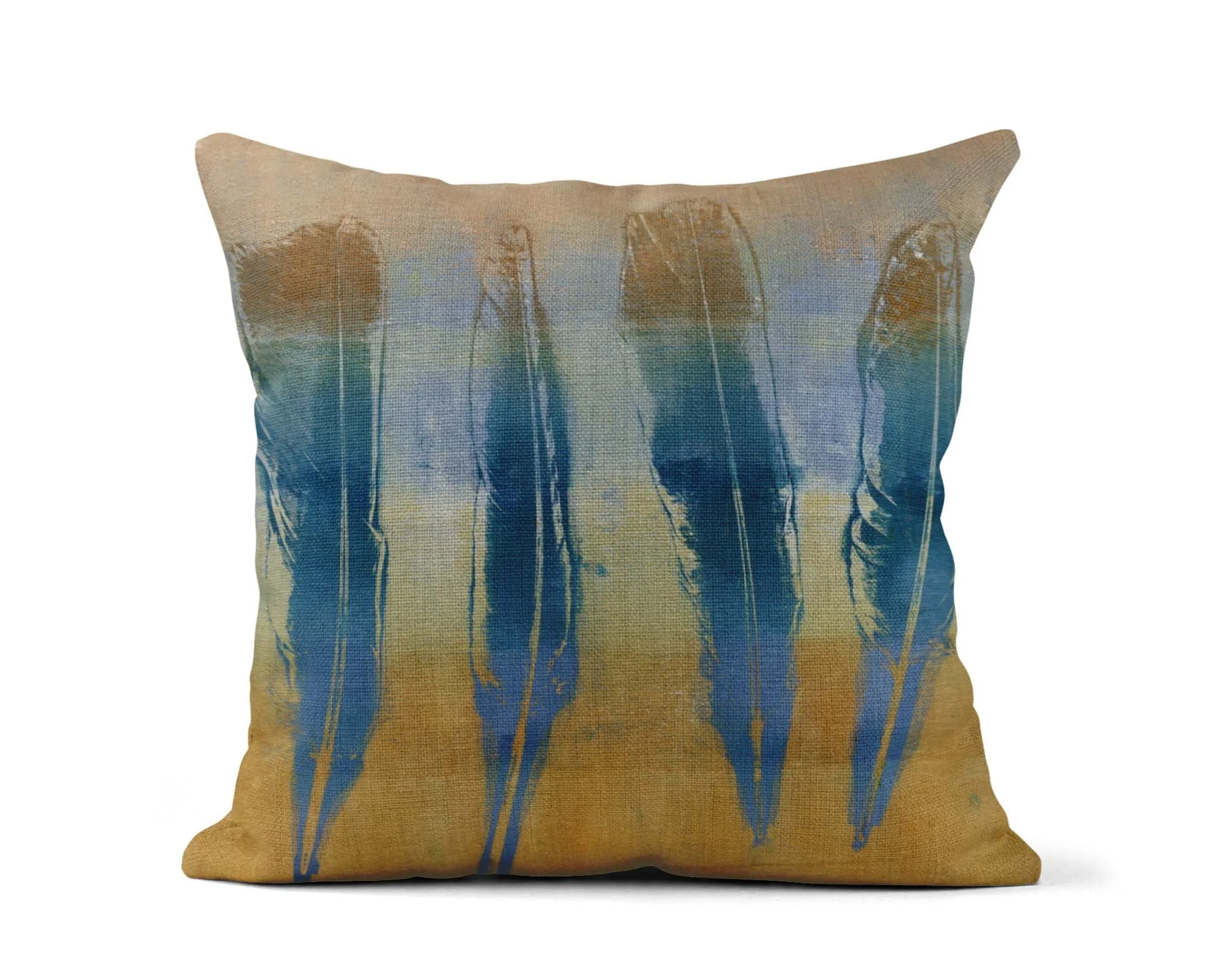 Decorative throw pillow with an abstract design in blue, beige, and brown tones