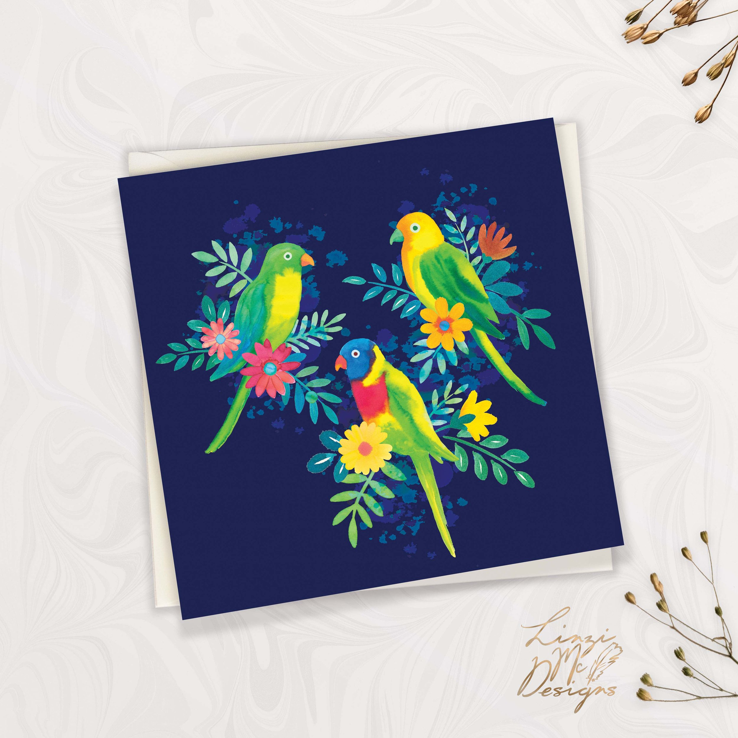 Colorful illustration of three parrots surrounded by flowers and foliage on a dark blue background.