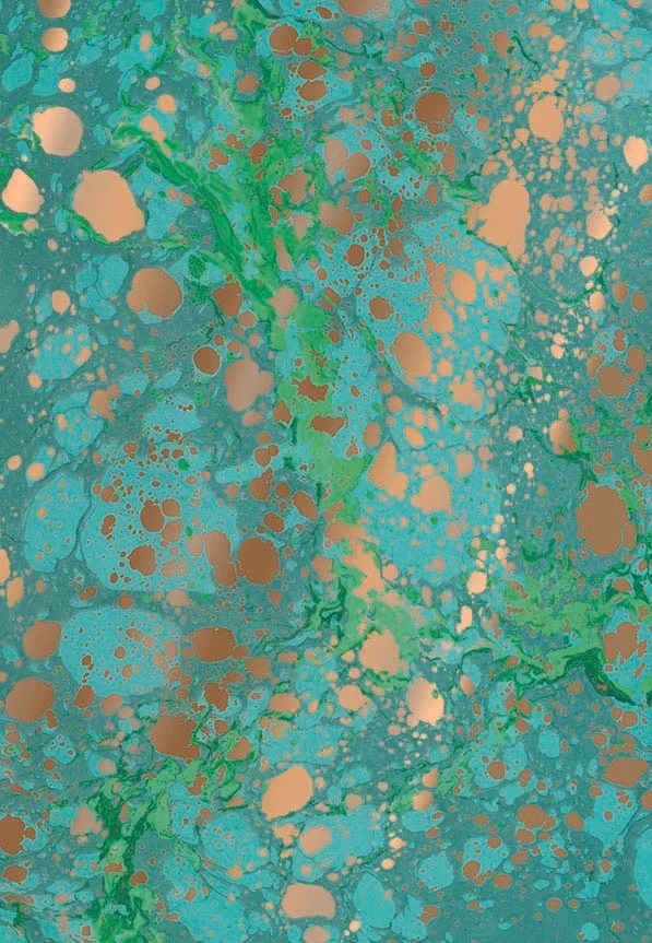 Abstract art featuring blue, green, and tan splatters and streaks resembling a fluid or marble pattern.