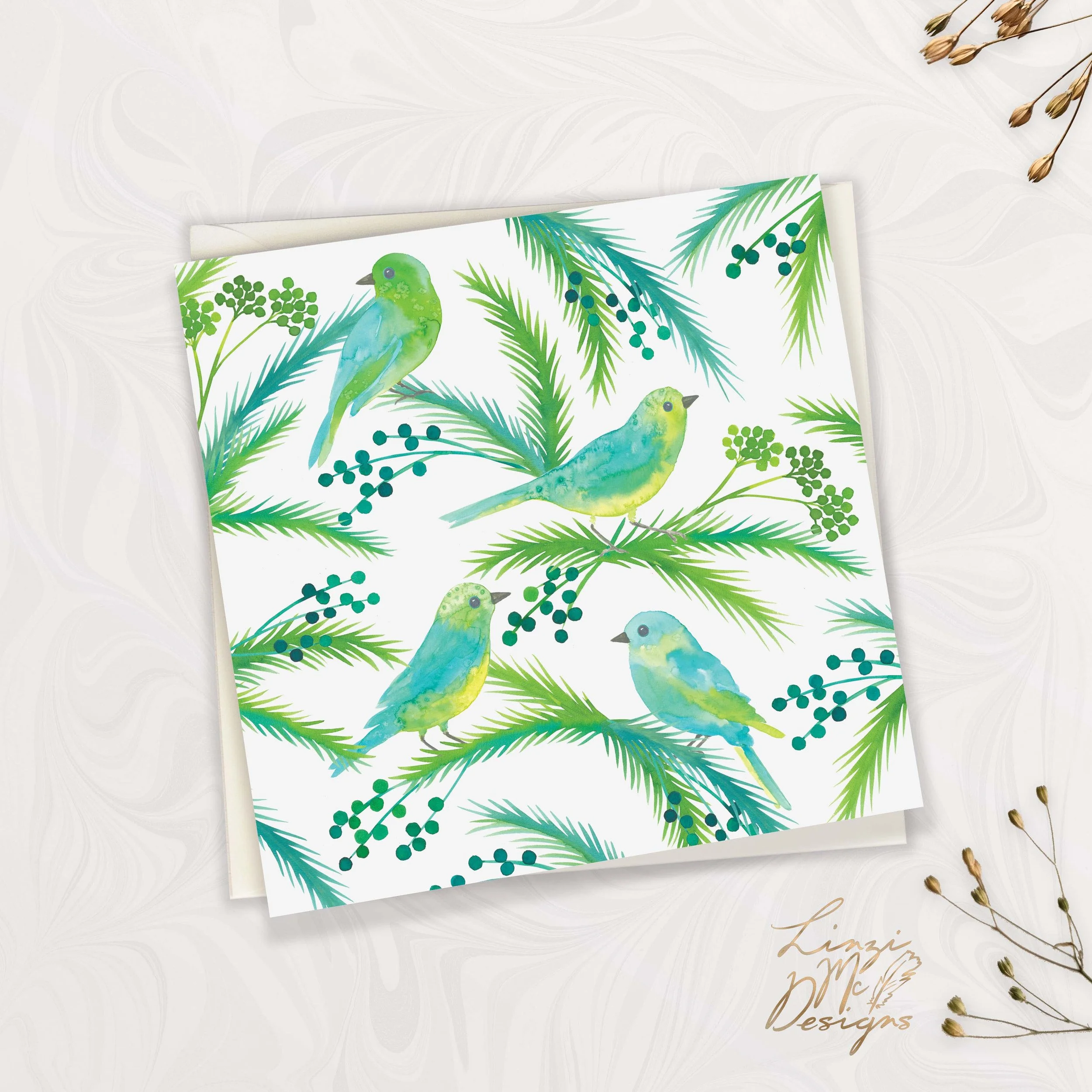 Watercolor illustration of green, blue, and yellow songbirds perched on pine branches with green berries.