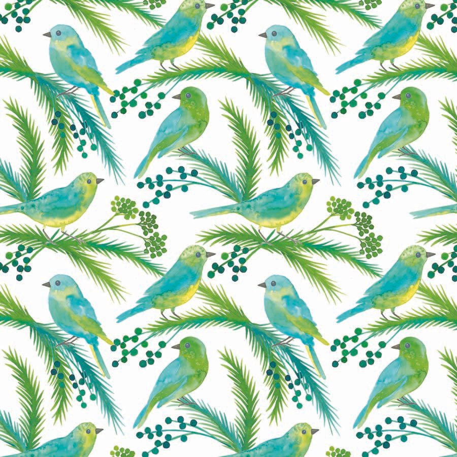 Pattern of watercolor blue and green birds perched on pine branches with green berries, on a white background.