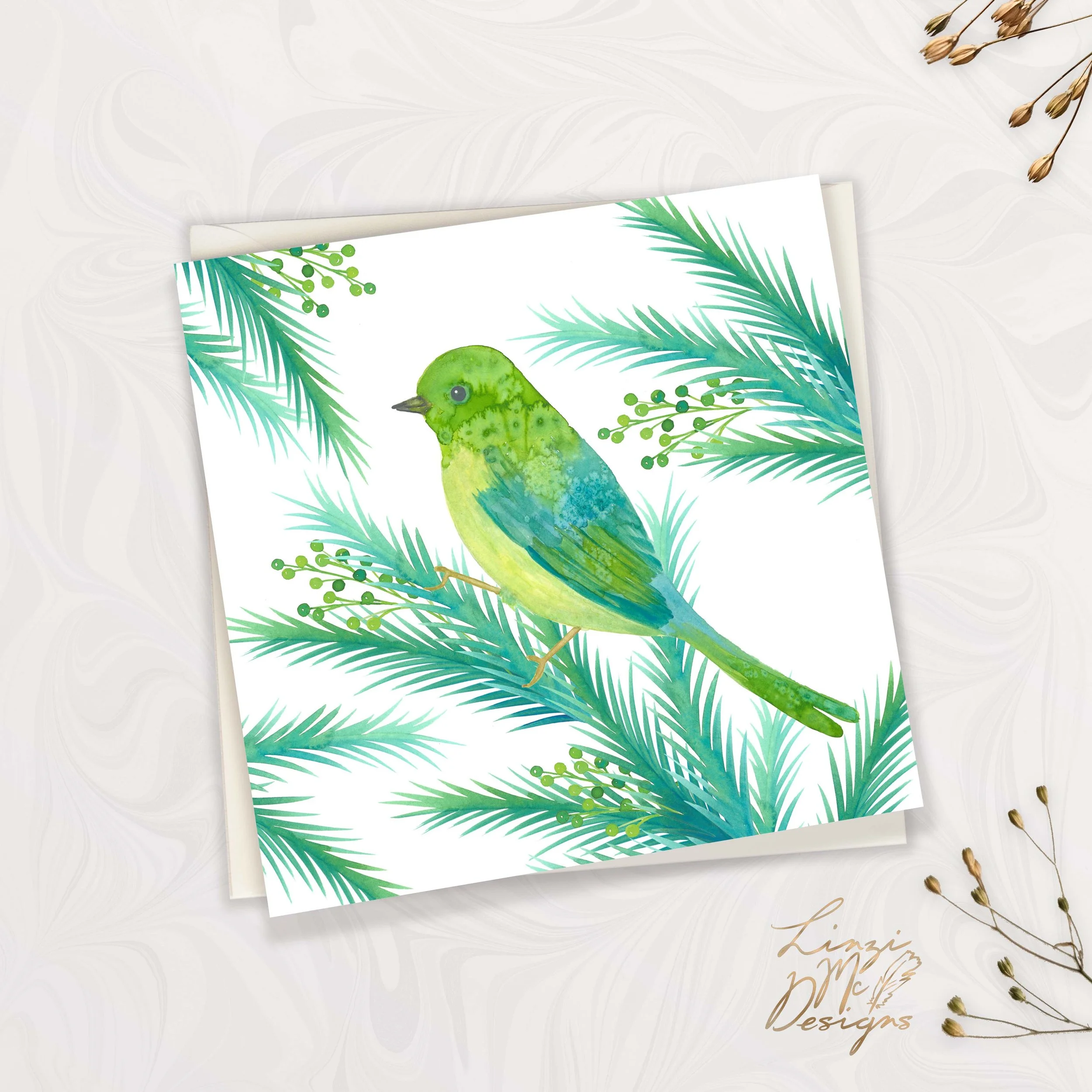  watercolor illustration of a green and blue bird perched on pine tree branches with green berries.