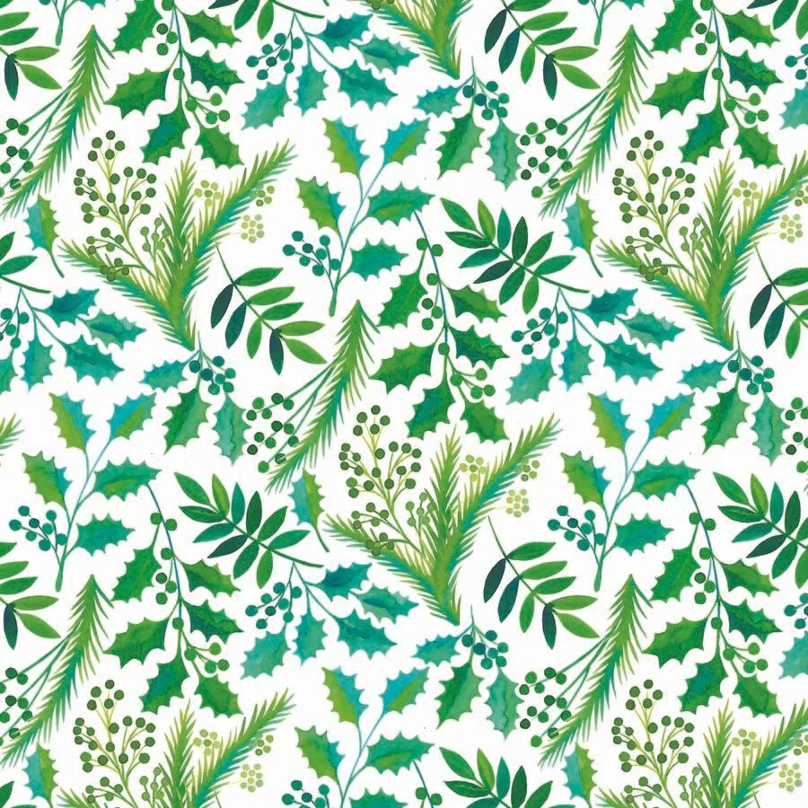 Pattern of green holly leaves, mistletoe, pine branches, and berries on a white background.