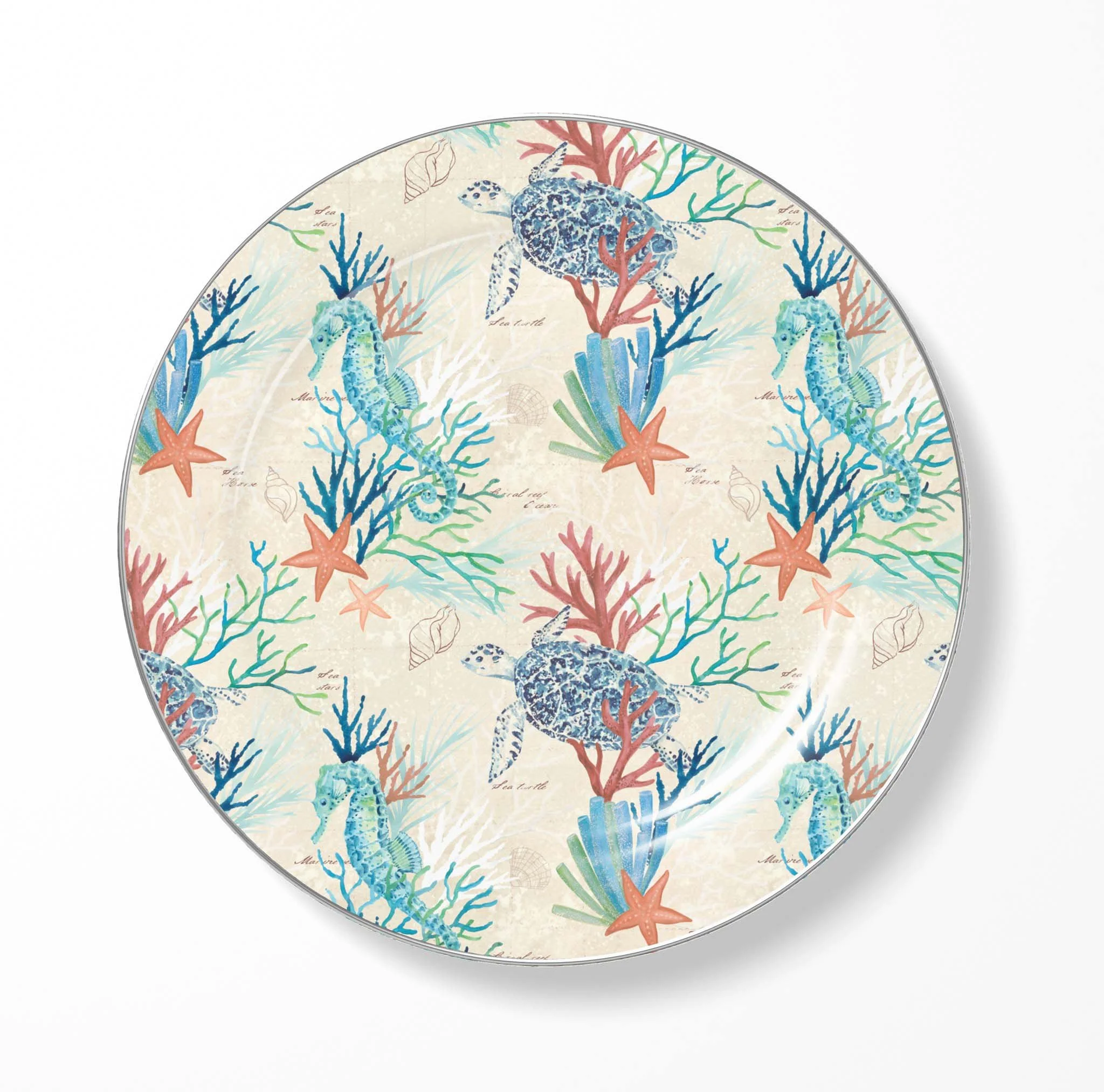 Round decorative plate with a coastal theme, featuring illustrations of sea turtles, seahorses, starfish, seaweed, and shells in pastel colors on a beige background.