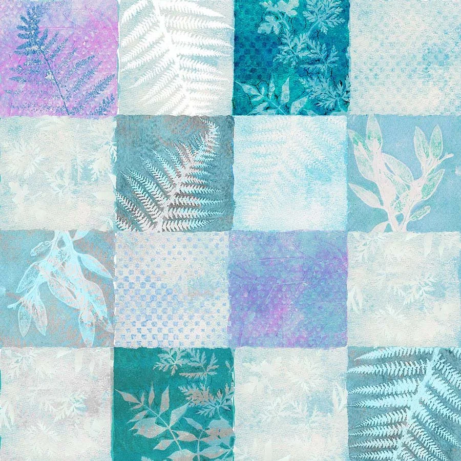 A collage of various artwork featuring botanical and fern designs in pastel shades of purple, blue, and white.