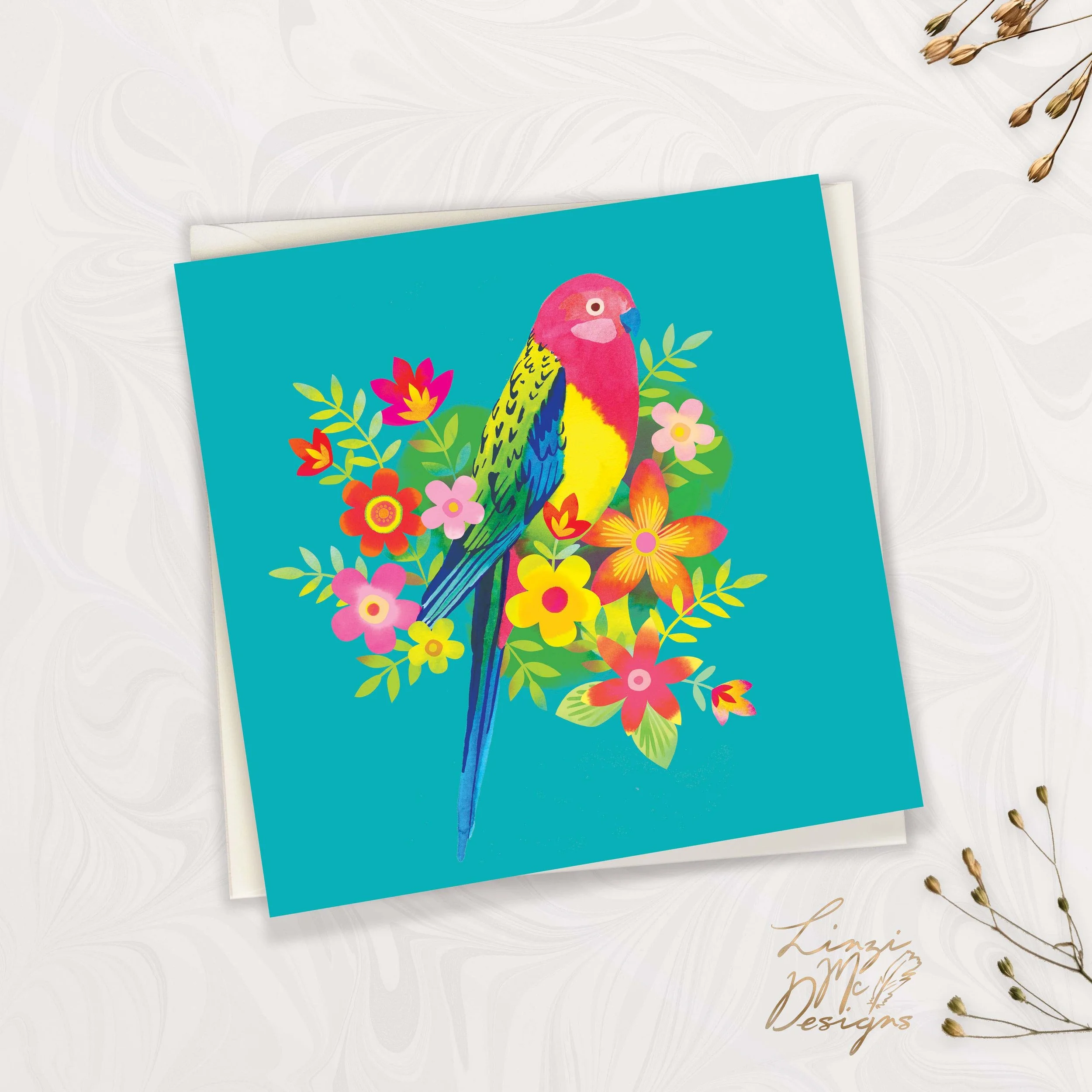 Colorful illustration of a parrot with pink, yellow, and green feathers surrounded by vibrant flowers on a turquoise background.
