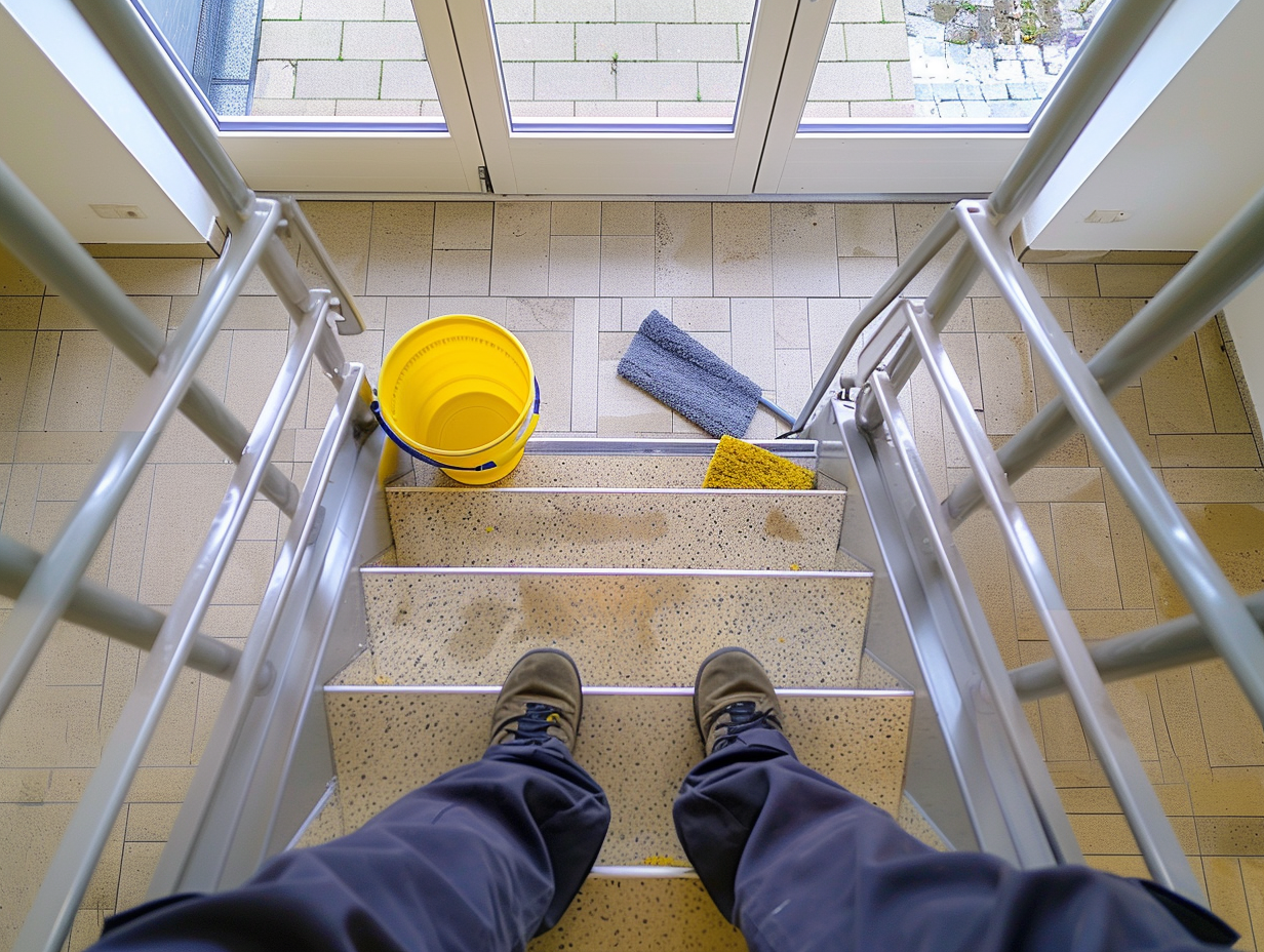 Blick von oben auf Treppe mit Reinigungsutensilien wie Eimer und Wischmop, Glastür führt zu einer Terrasse
