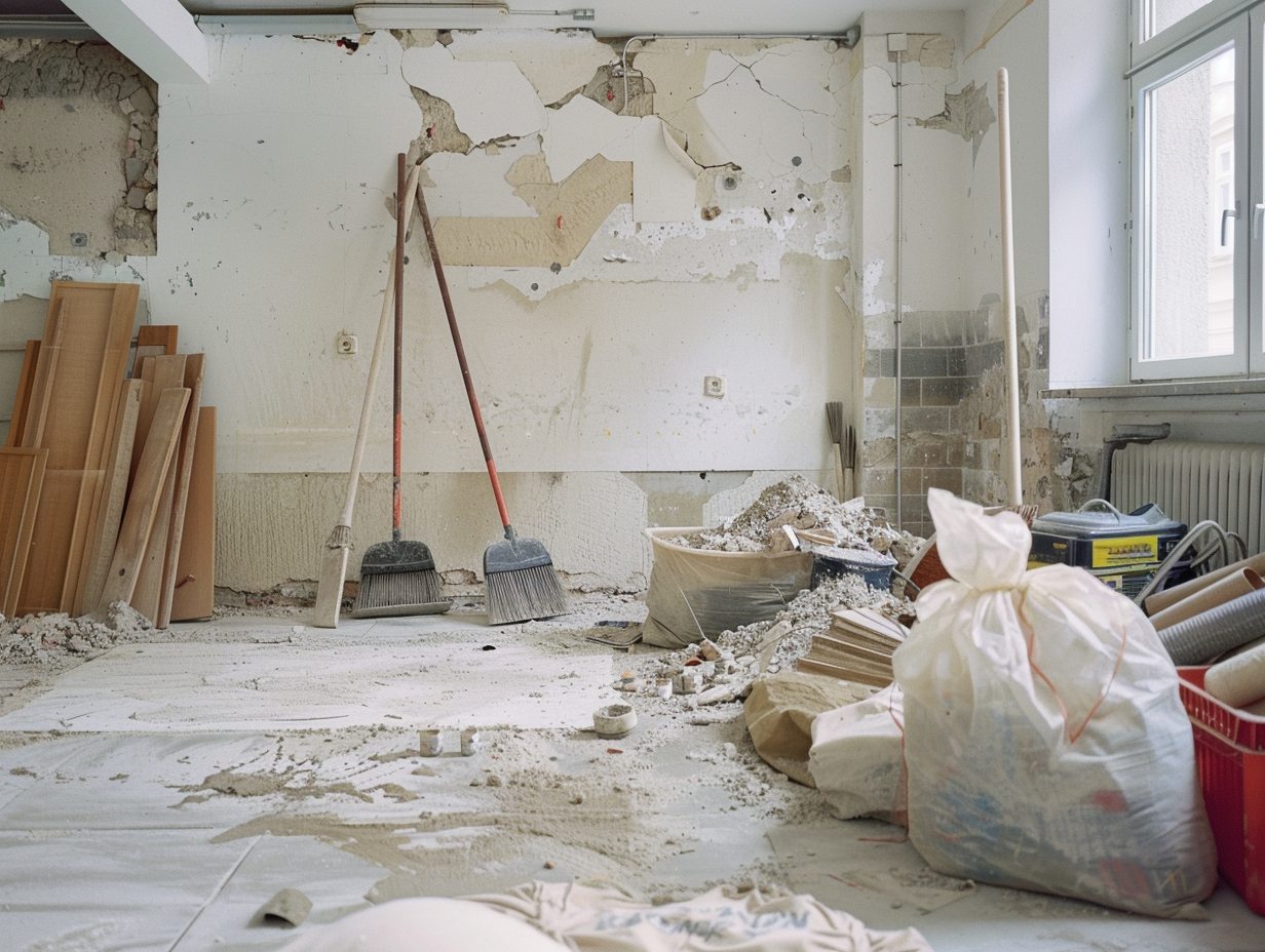 Renovierungsabfall in einem Raum mit teilweise entfernten Wandflächen und gelagerten Baumaterialien