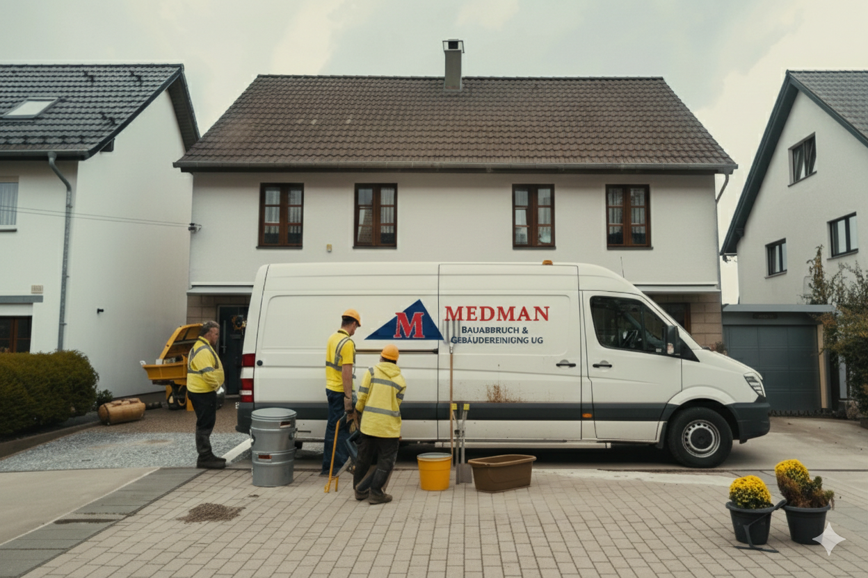 Bauarbeiter in gelben Warnwesten und Schutzhelmen arbeiten rund um einen weißen Firmenwagen vor einem Wohnhaus