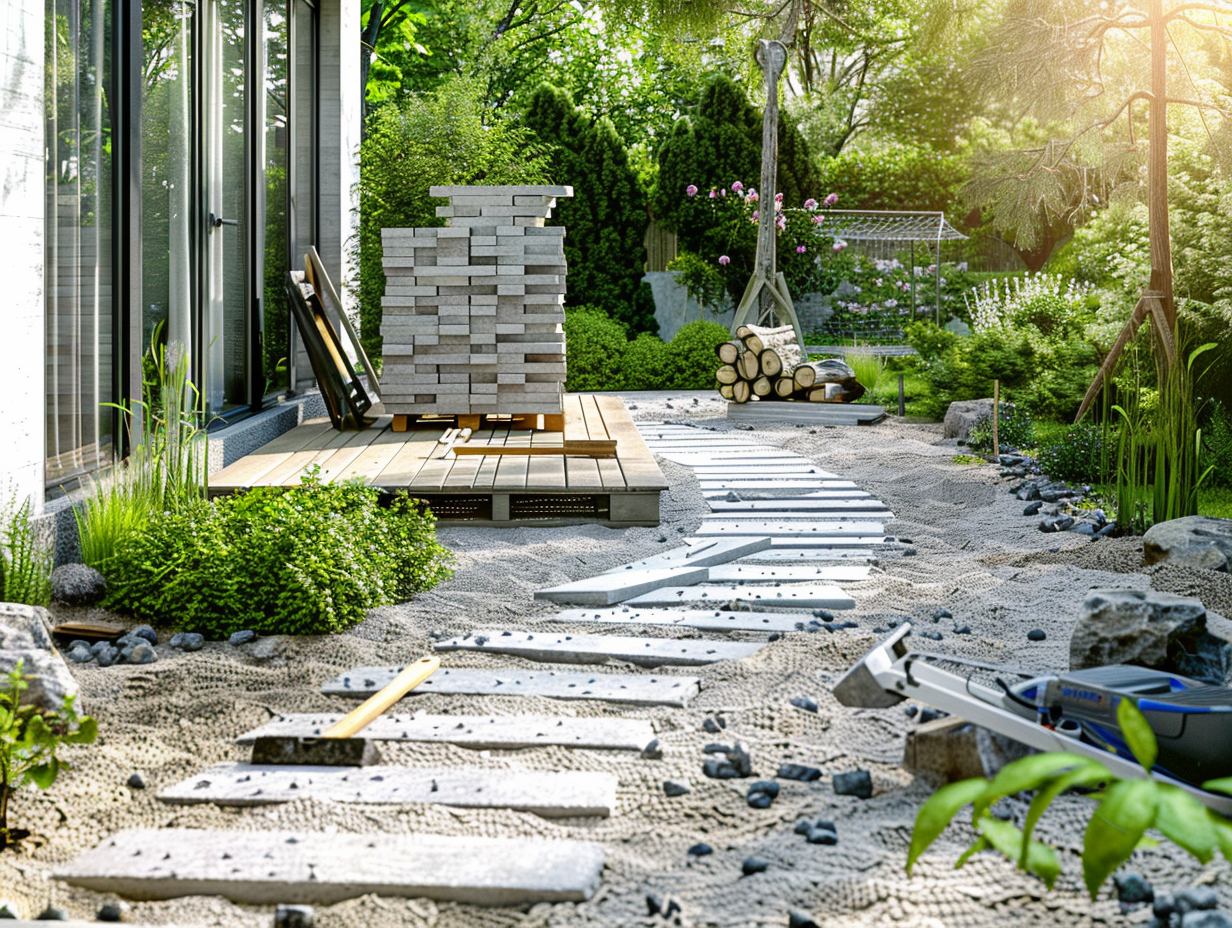 Garten im Umbau mit Trittsteinen, gestapeltem Holz und Bauwerkzeugen, umgeben von Pflanzen und Bäumen