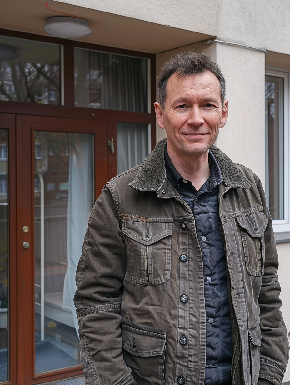 Mann mittleren Alters mit kurzen dunklen Haaren steht draußen vor einer Haustür und lächelt in die Kamera