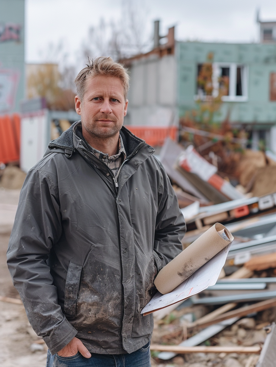Mann in grauer Jacke steht vor einer Baustelle mit Bauschutt und halbfertigen Gebäuden und hält Baupläne