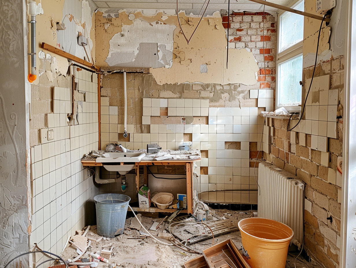 Teilweise entkerntes Badezimmer mit freiliegendem Mauerwerk, fehlenden Fliesen und Bauschutt