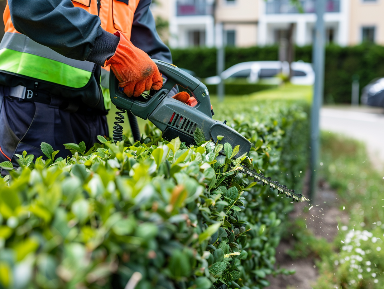 Person mit orangefarbenen Handschuhen schneidet eine grüne Hecke mit einer elektrischen Heckenschere