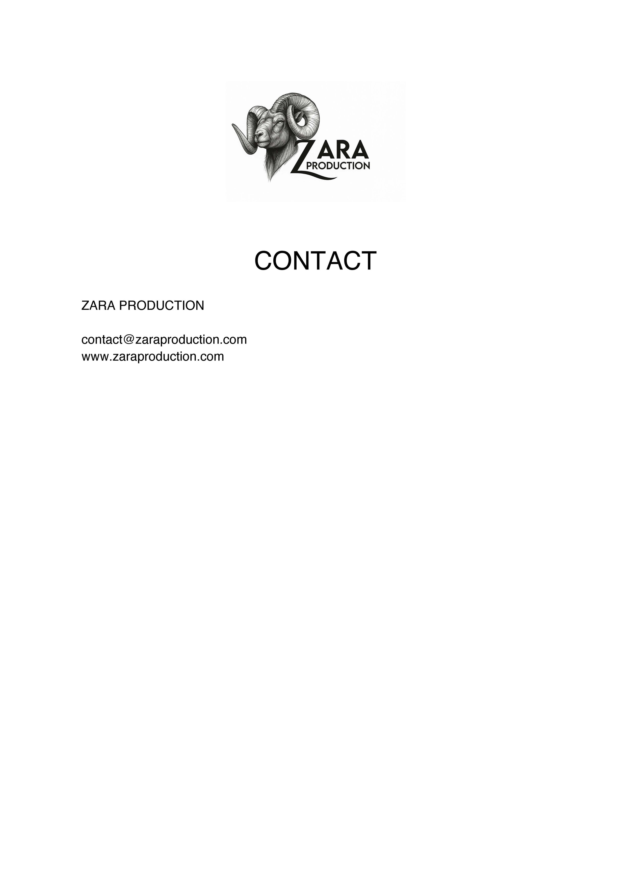 Page de contact de Zara Production avec un logo représentant une tête de bélier.