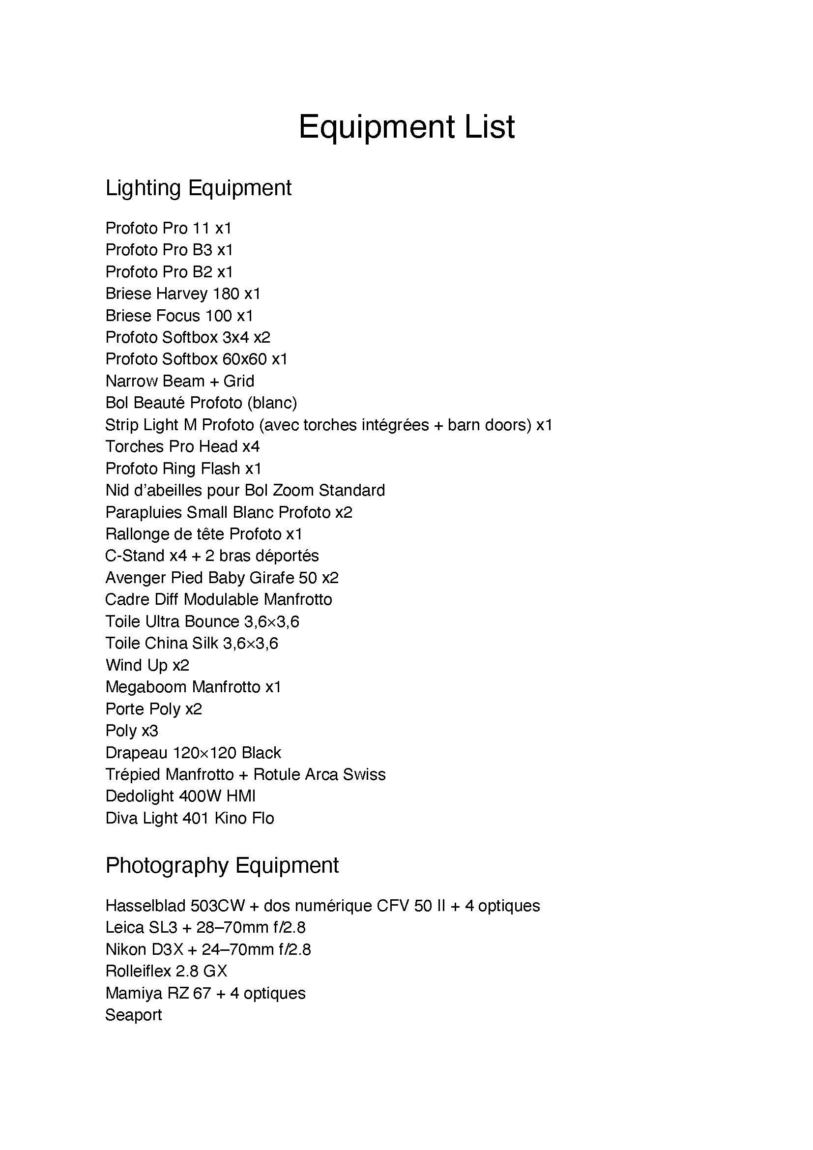 Liste d'équipements pour la photographie avec des sections pour l'éclairage et la photographie