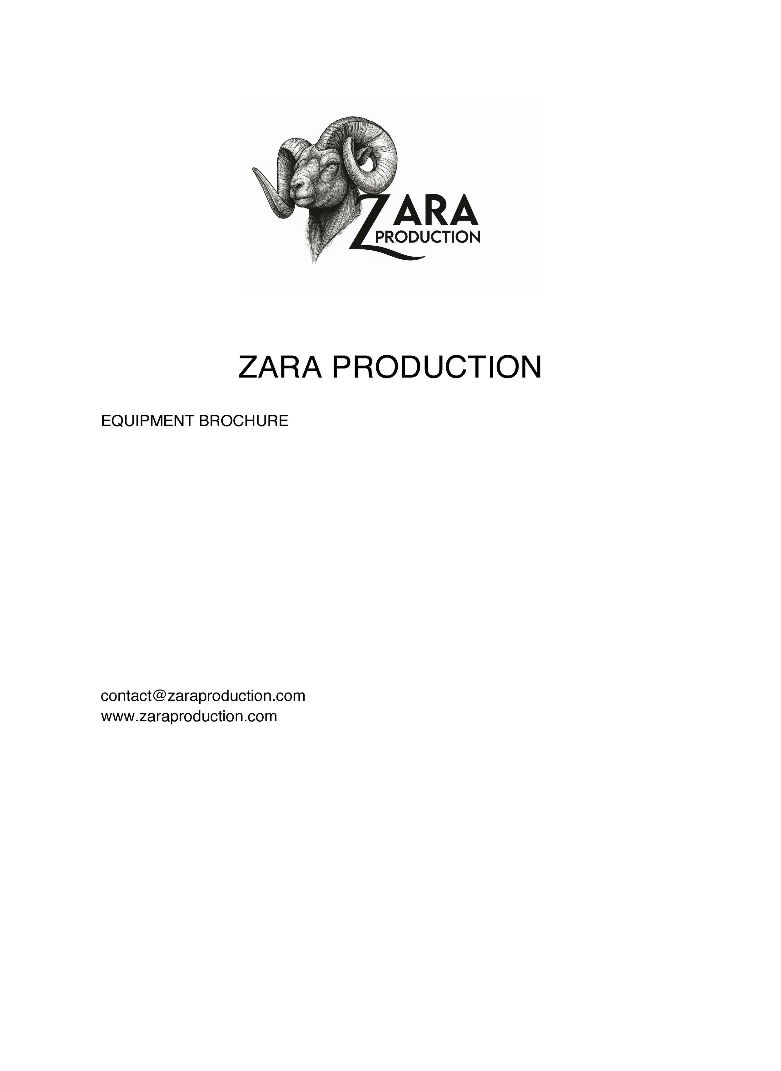 Page de brochure de ZARA PRODUCTION avec un logo représentant un bélier avec de grandes cornes et le texte "ZARA PRODUCTION".