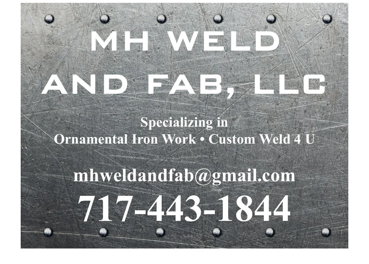 Business card for MH Weld and Fab LLC with contact information, email address, and phone number, over a textured metal background.