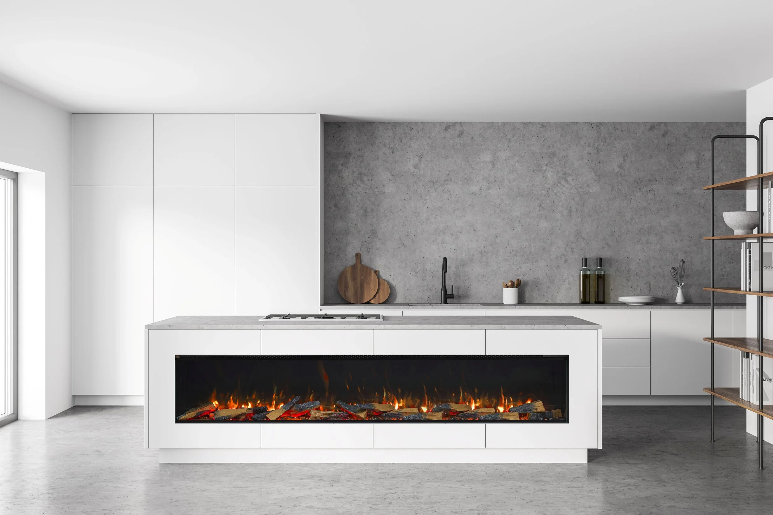 Modern kitchen with white cabinets, gray countertops, and a built-in electric fireplace with simulated flames on an island.