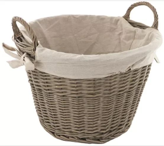 Log Basket Grey Round Wicker w/ Jute Liner