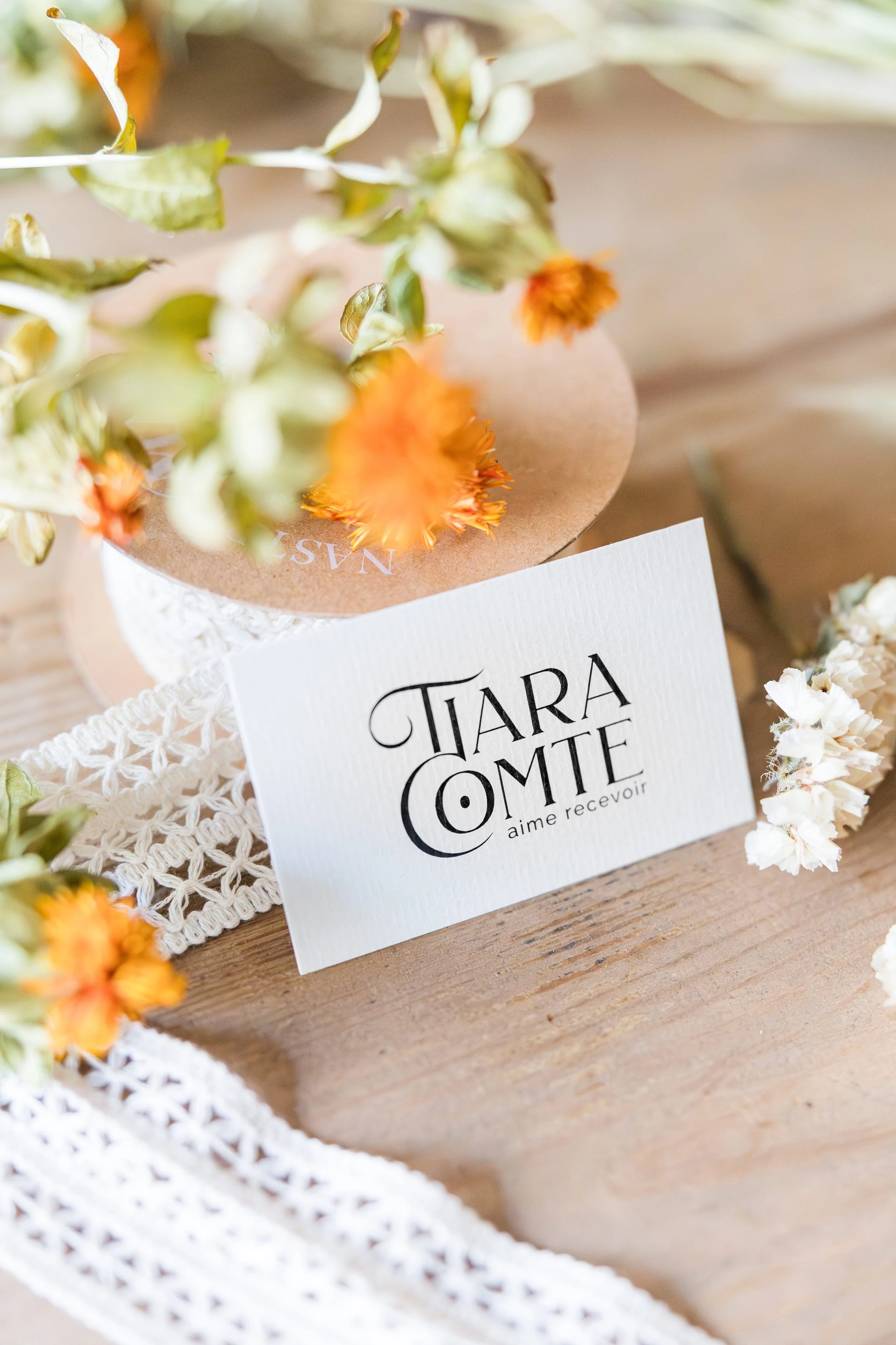 Carte de visite entourée de fleurs