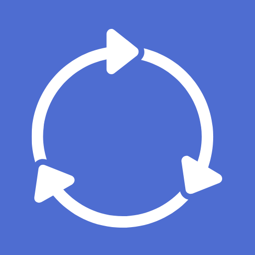 Circular arrow loop icon on blue background.