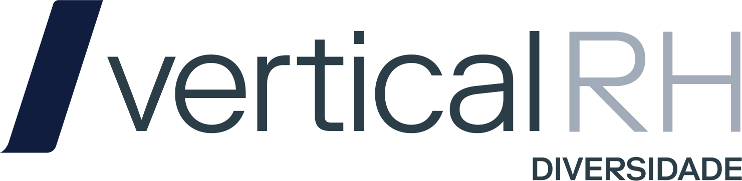 Logotipo do Vertical RH Diversidade, com uma barra azul escura inclinada no início, seguido pelo texto verticalRH em letras grandes e 'DIVERSIDADE' em menor destaque abaixo.