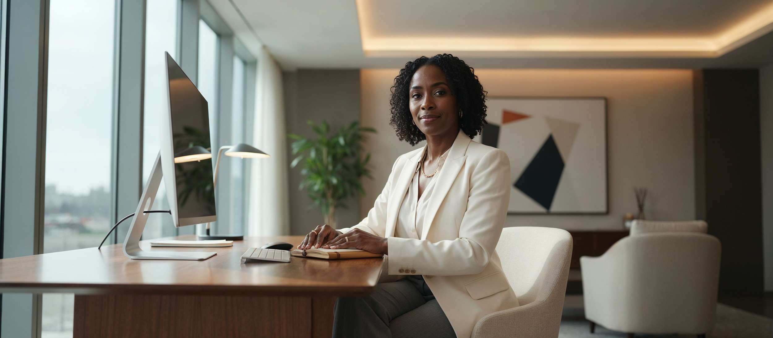 Mulher negra de cabelos cacheados sentada em uma mesa de escritório com computador e caderno, usando terno branco, com fundo de ambiente bem iluminado e decorado com plantas e obra de arte abstrata na parede.