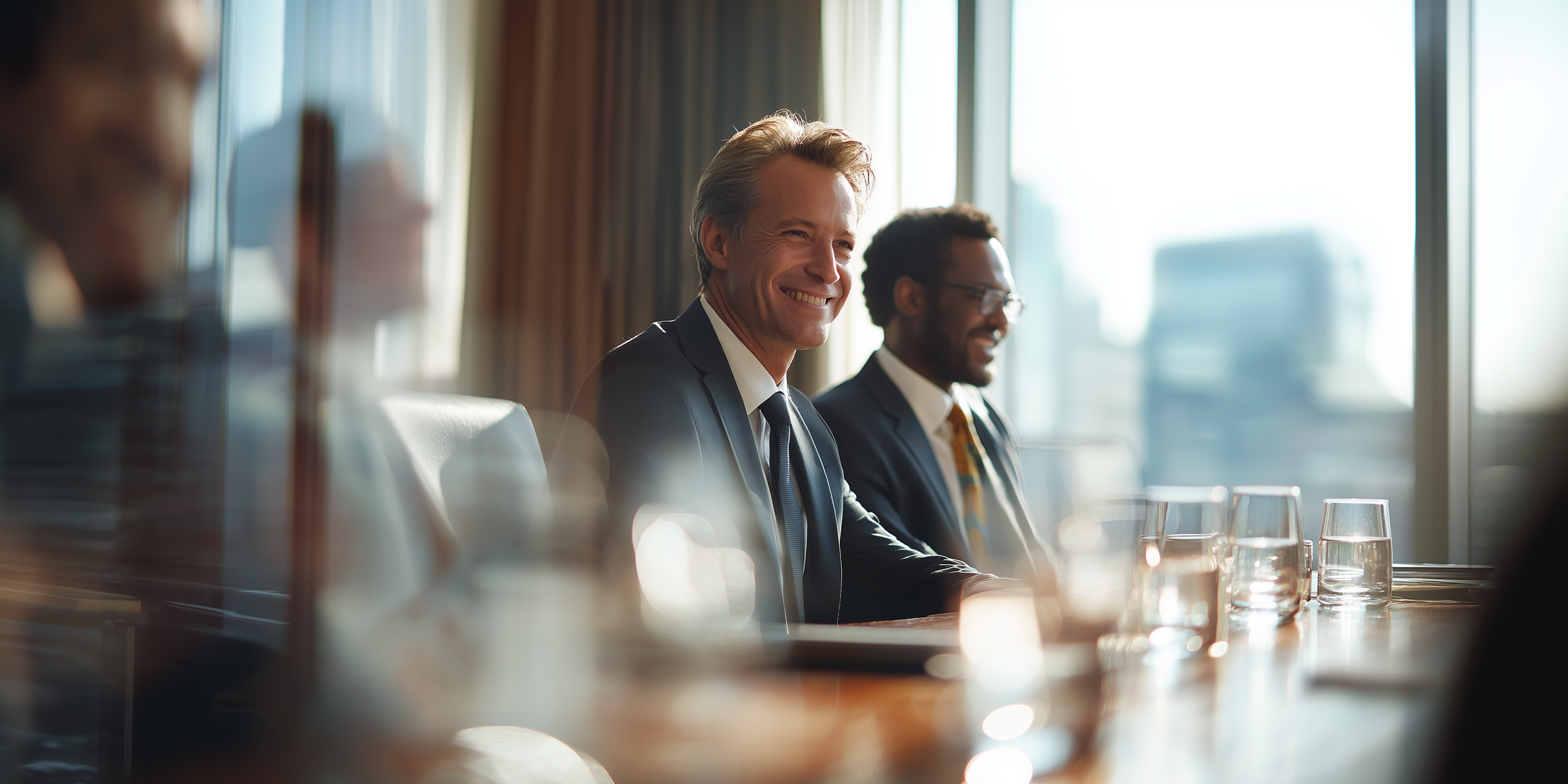 Homens de terno participando de reunião em sala com janelas grandes, mesa com copos de água.