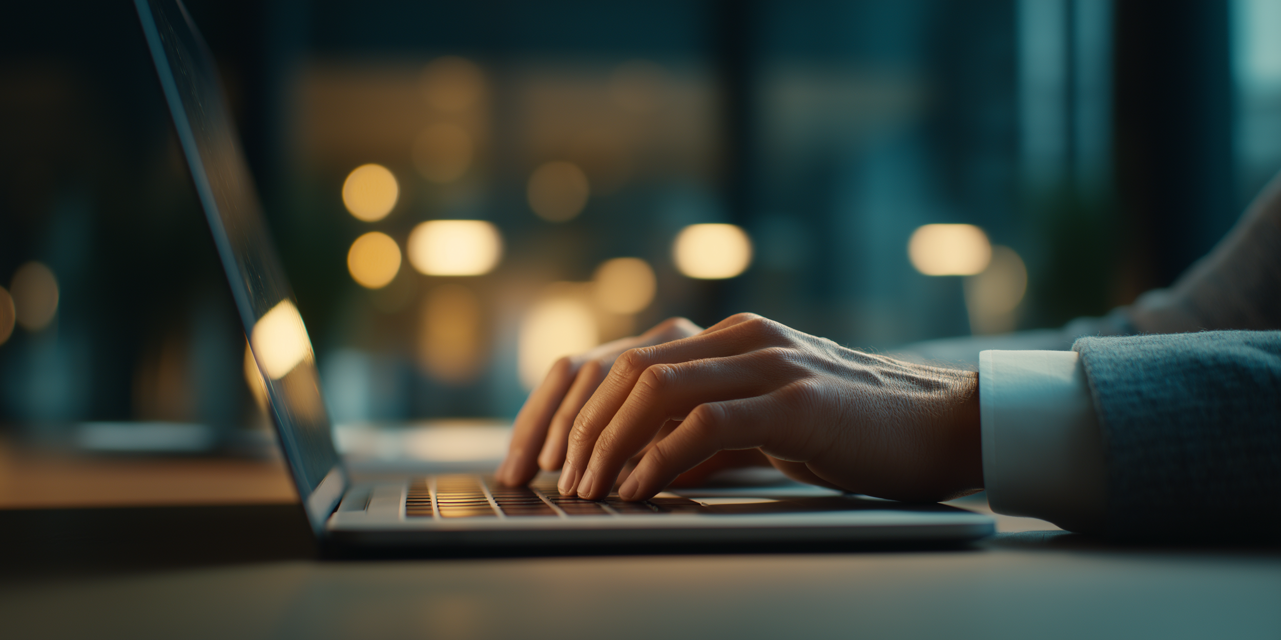 Pessoa digitando no teclado de um laptop em um ambiente com iluminação suave