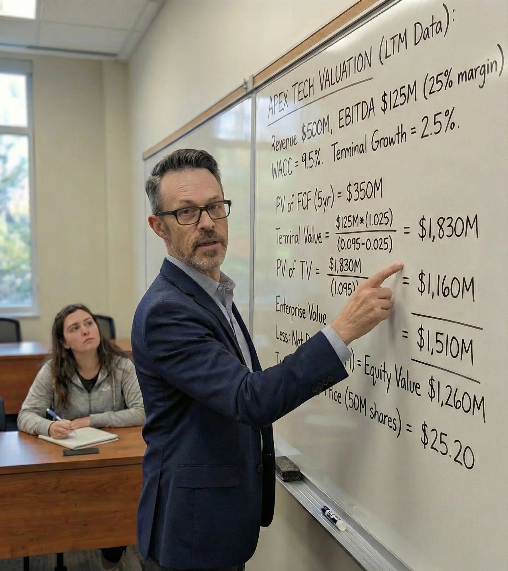 Ryan Ross pointing at financial calculations on a whiteboard in a classroom, with a woman sitting at a desk taking notes in the background.