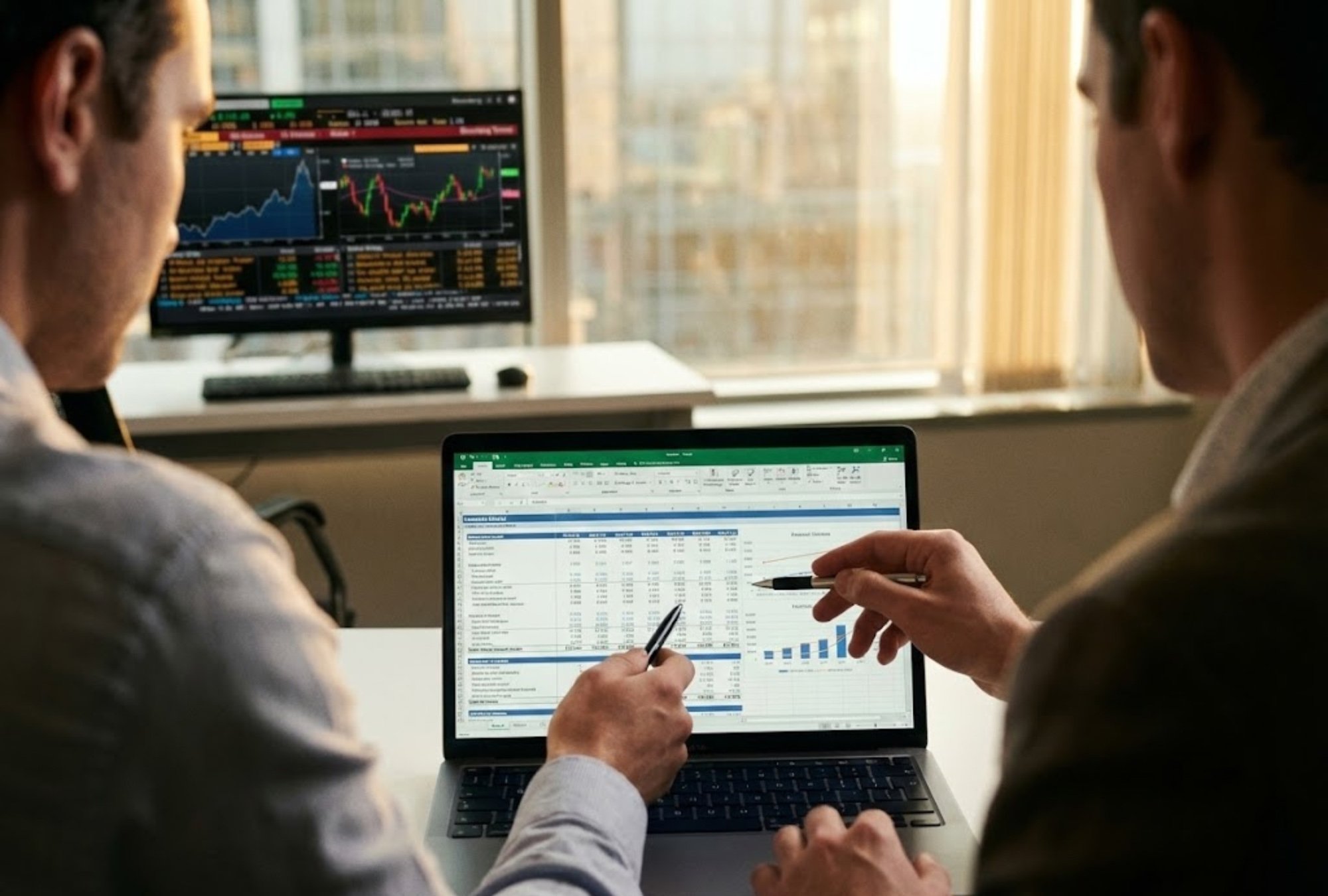 Two men analyzing financial data and stock market charts on a laptop and a monitor in an office with large windows.