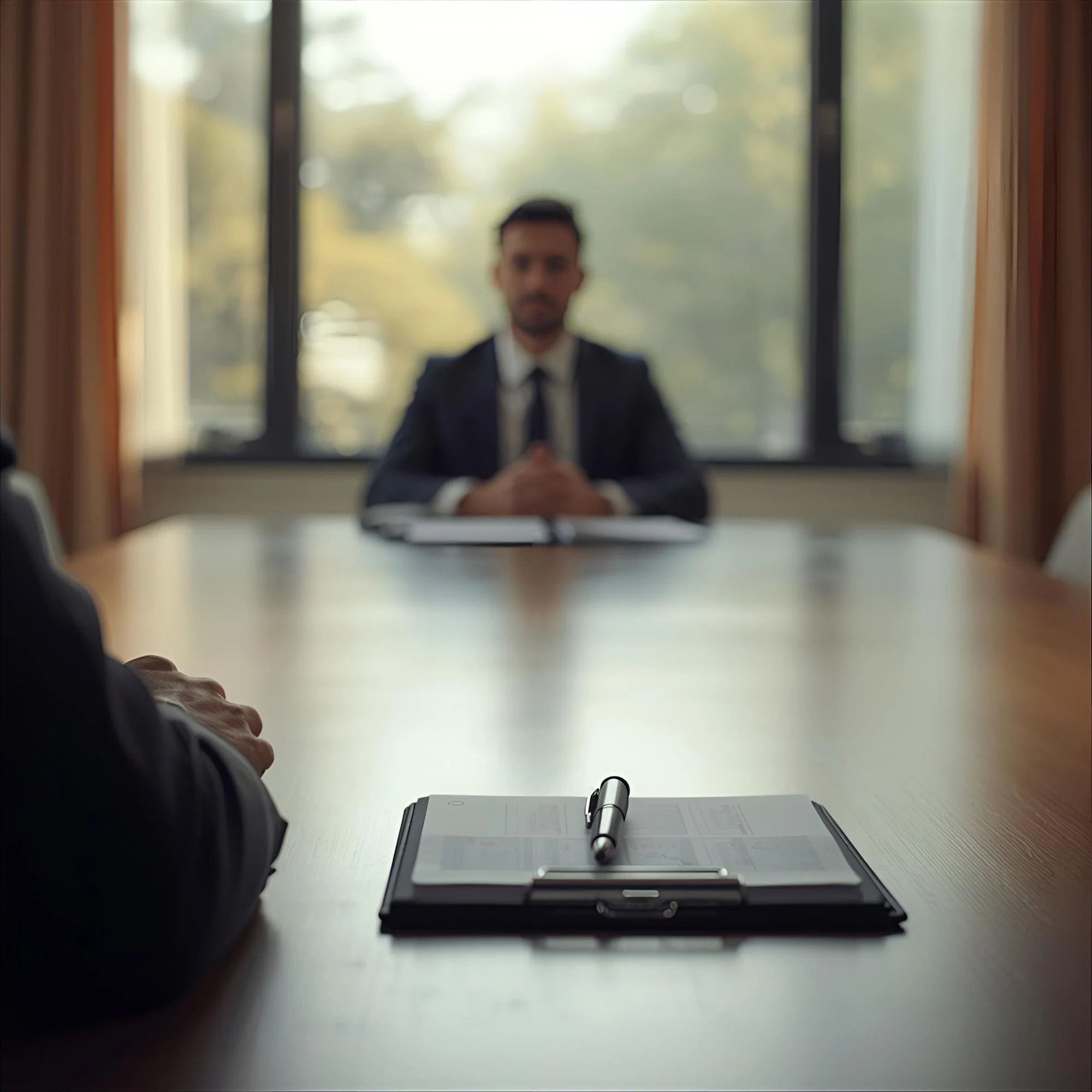 A business professional sitting at a conference table during an interview or meeting, with a clipboard and pen in the foreground and a man on the other side of the table, blurred in the background.