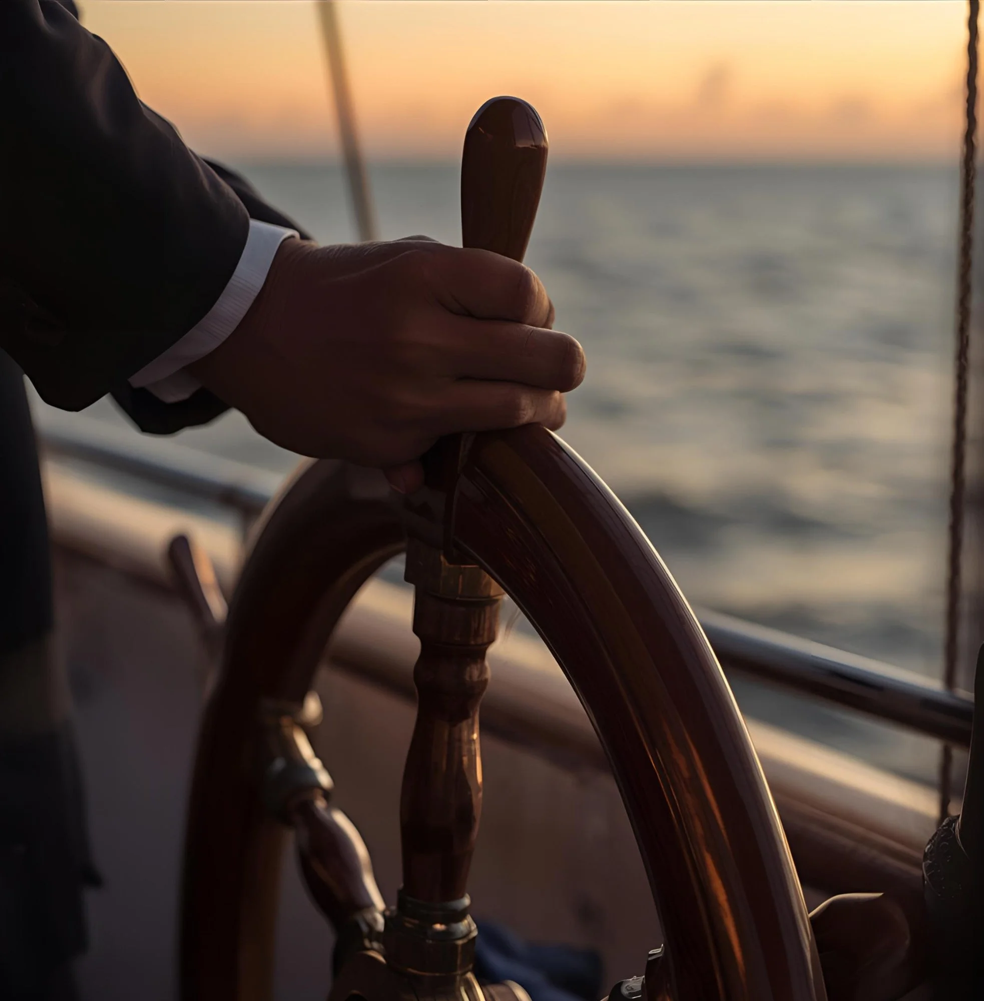 Person wearing a suit holding a ship's wooden steering wheel on a boat during sunset over water.