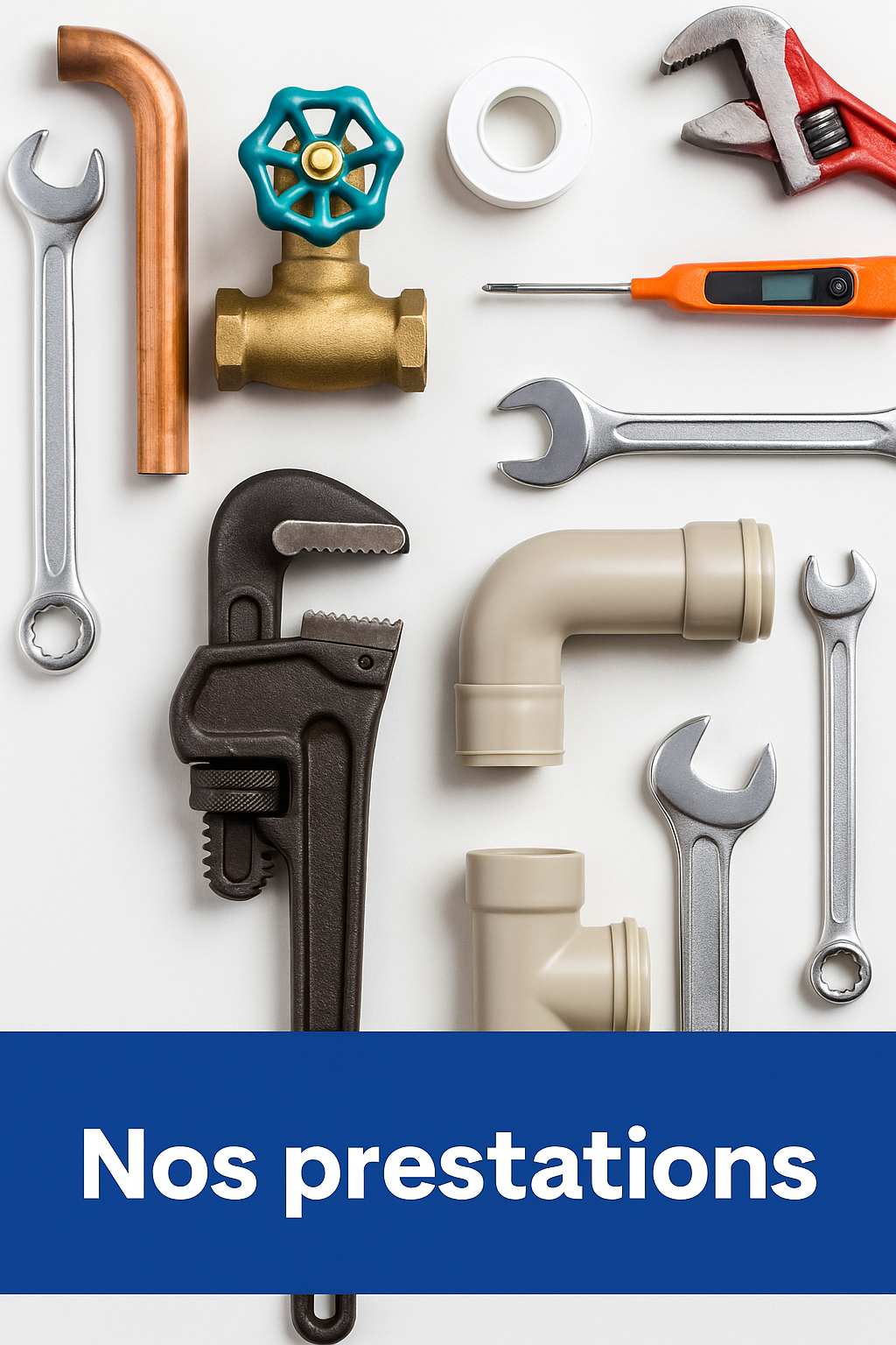 Outils de plomberie tels qu'une clé à molette, un tournevis, une clé à pipe, une valve, des raccords en tuyau en PVC, une pince, un rouleau de ruban de plomberie, et un thermomètre. Le tout est présenté sur fond blanc avec une bande bleue en bas portant le texte 'Nos prestations'.