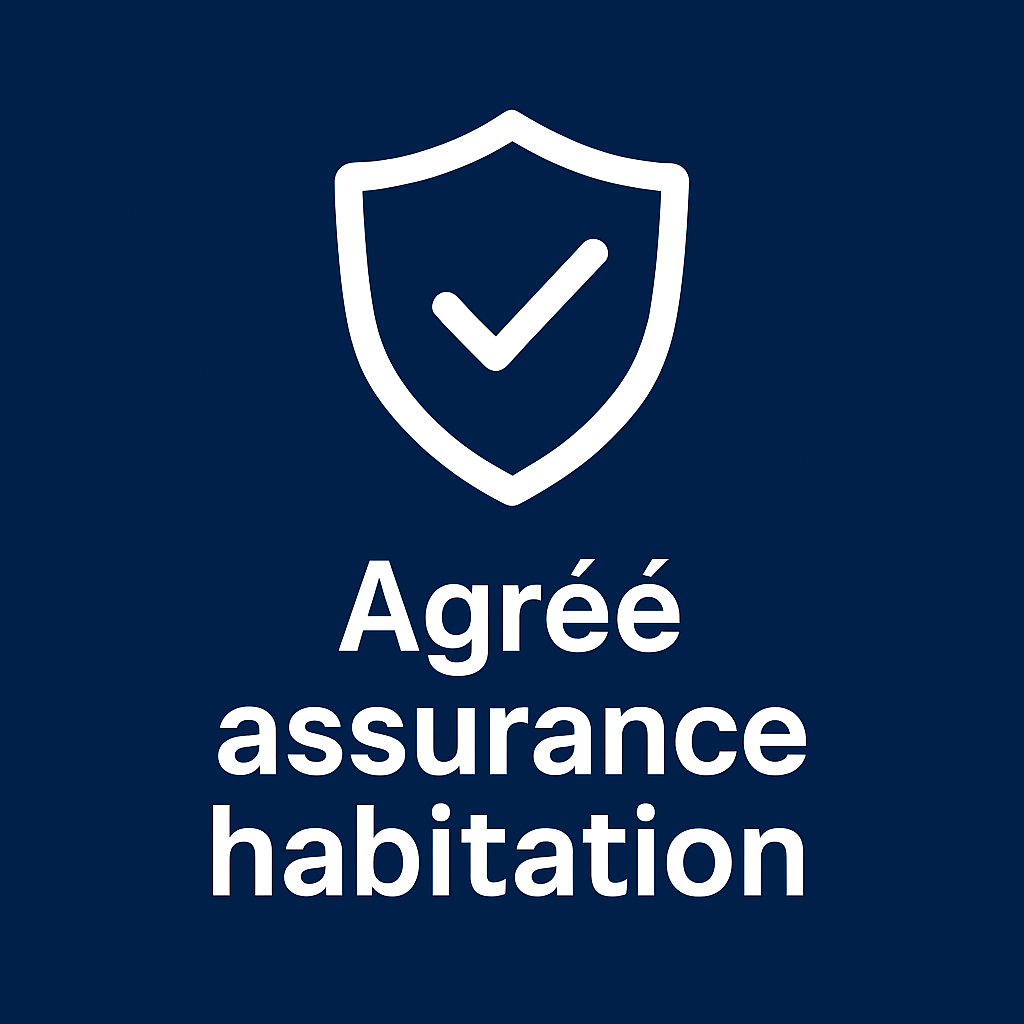 Logo avec un bouclier et une coche, texte 'Agréé assurance habitation' sur fond bleu foncé.