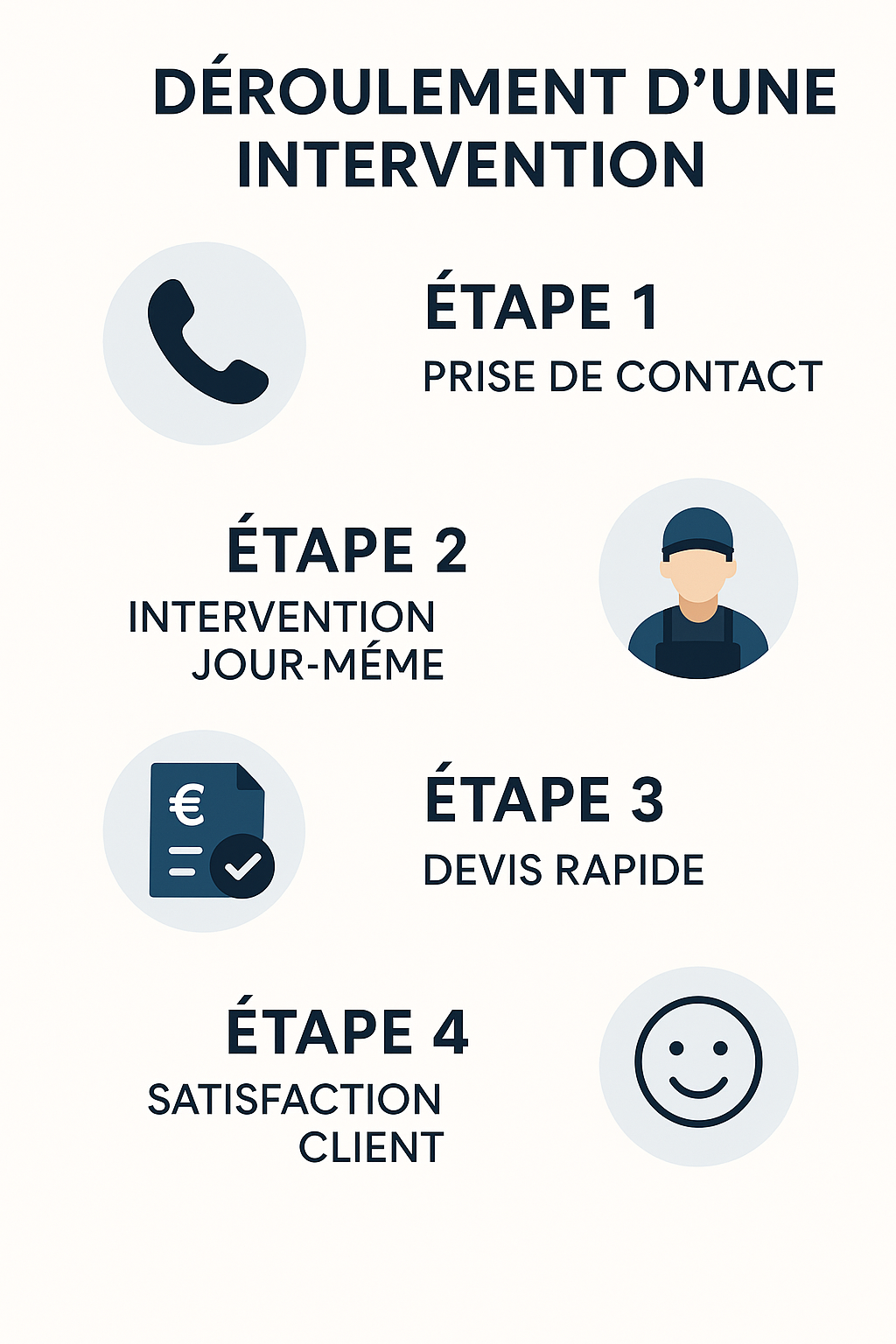 Schéma montrant le processus de gestion d'une intervention en quatre étapes : 1. Prise de contact (icône téléphone), 2. Intervention sur place (icône d’un technicien), 3. Devis rapide (icône de document avec un euro), 4. Satisfaction du client (icône de visage souriant).