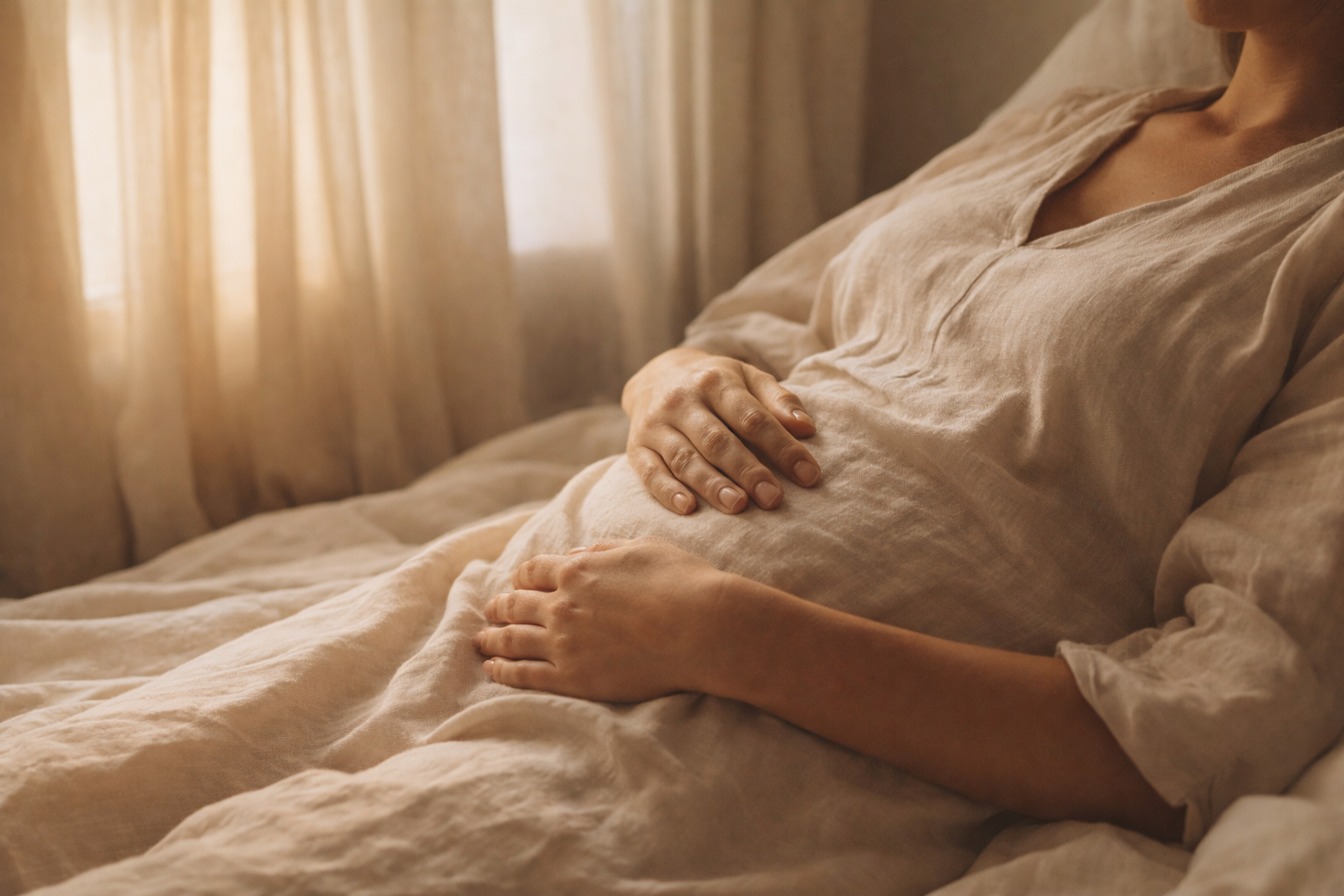 Vrouw met handen op haar buik, herkenbare klachten na een keizersnede