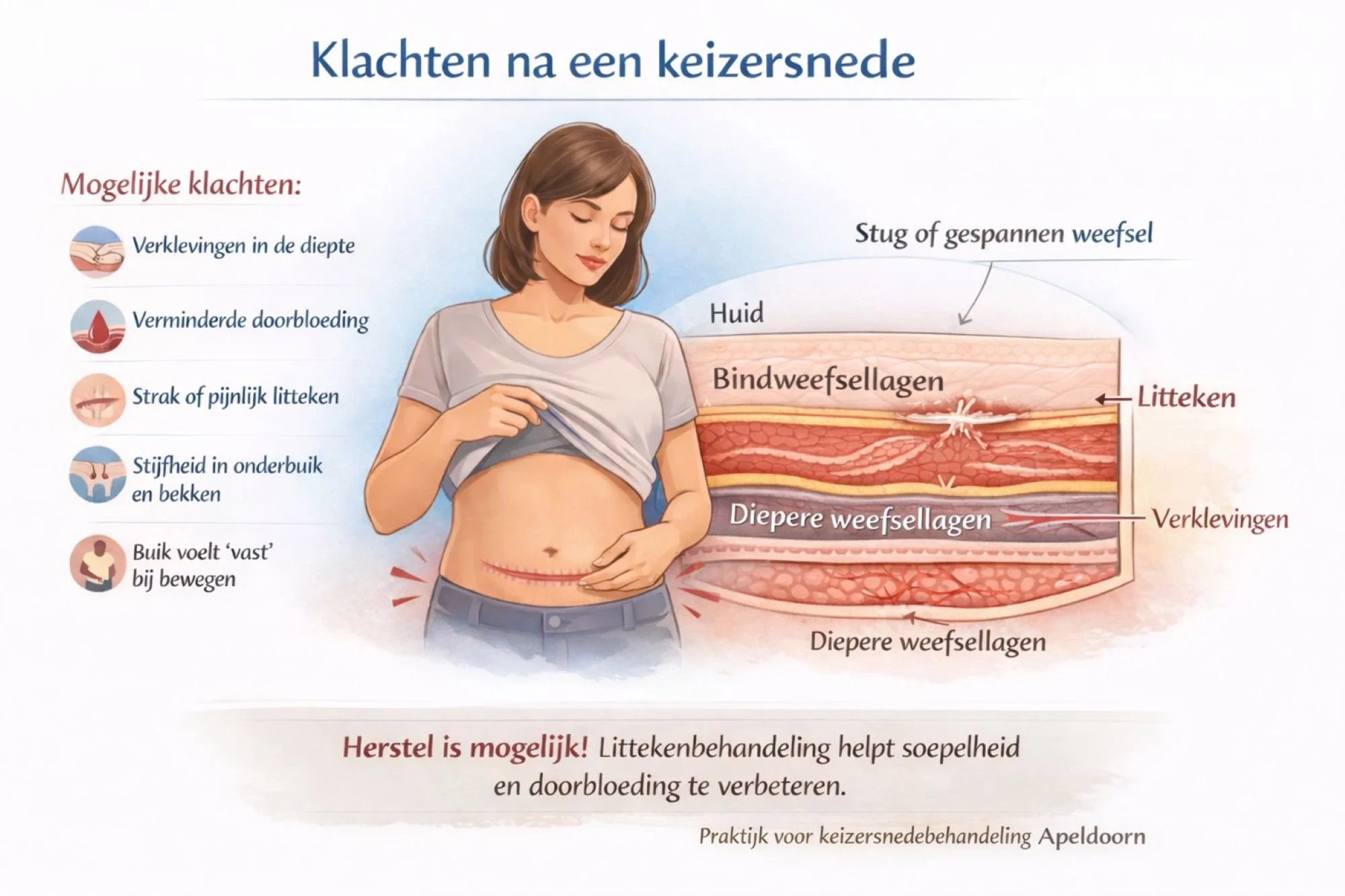 Uitleg over klachten na een keizersnede door littekenweefsel en spanning in diepere lagen van de buik