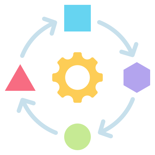 Schéma représentant un cycle avec un engrenage central, entouré de formes géométriques (cercle vert, triangle rouge, carré bleu, hexagone violet) et flèches indiquant un processus circulaire.