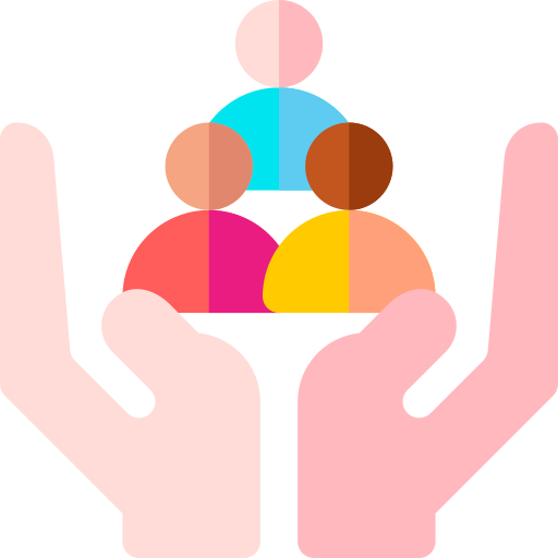 Icône montrant des mains qui soutiennent trois silhouettes humaines. Symbole de l'inclusion. Image douce.