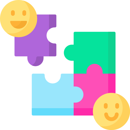 Quatre pièces de puzzle colorées (violet, turquoise, rose, bleu clair) avec deux émoticônes souriantes en haut à gauche et en bas à droite. La pièce violette est sur le point d'être encastrée dans les trois autres pour former le puzzle.