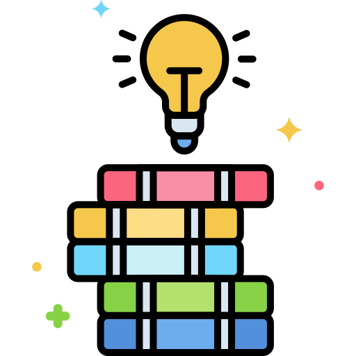 Une illustration d'une ampoule au sommet au-dessus d'une pile de livres colorés, représentant l'idée et la connaissance.