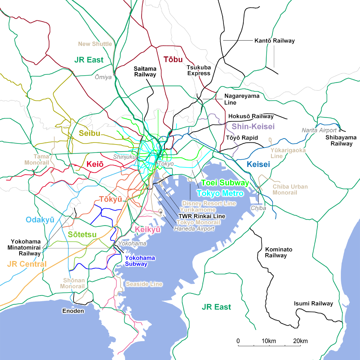 Carte du réseau ferroviaire de la région de Tokyo - dessin en couleurs avec les lignes de trains. Les noms de villes du Japon sont écrits.