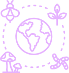 Planète Terre entourée de symboles liés à la nature et à la durabilité (feuille, goutte d'eau, papillon, champignon, abeille).