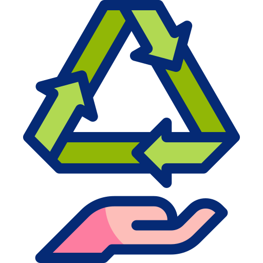 Une main tendue en dessous d'un symbole de recyclage constitué de flèches vertes formant un triangle.