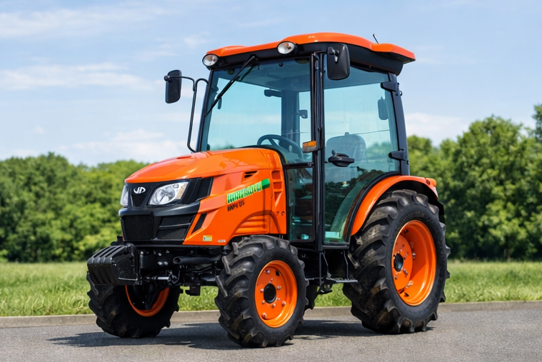 Trattore Hinomoto HM 475 cabinato, comfort e affidabilità, vista frontale destra.