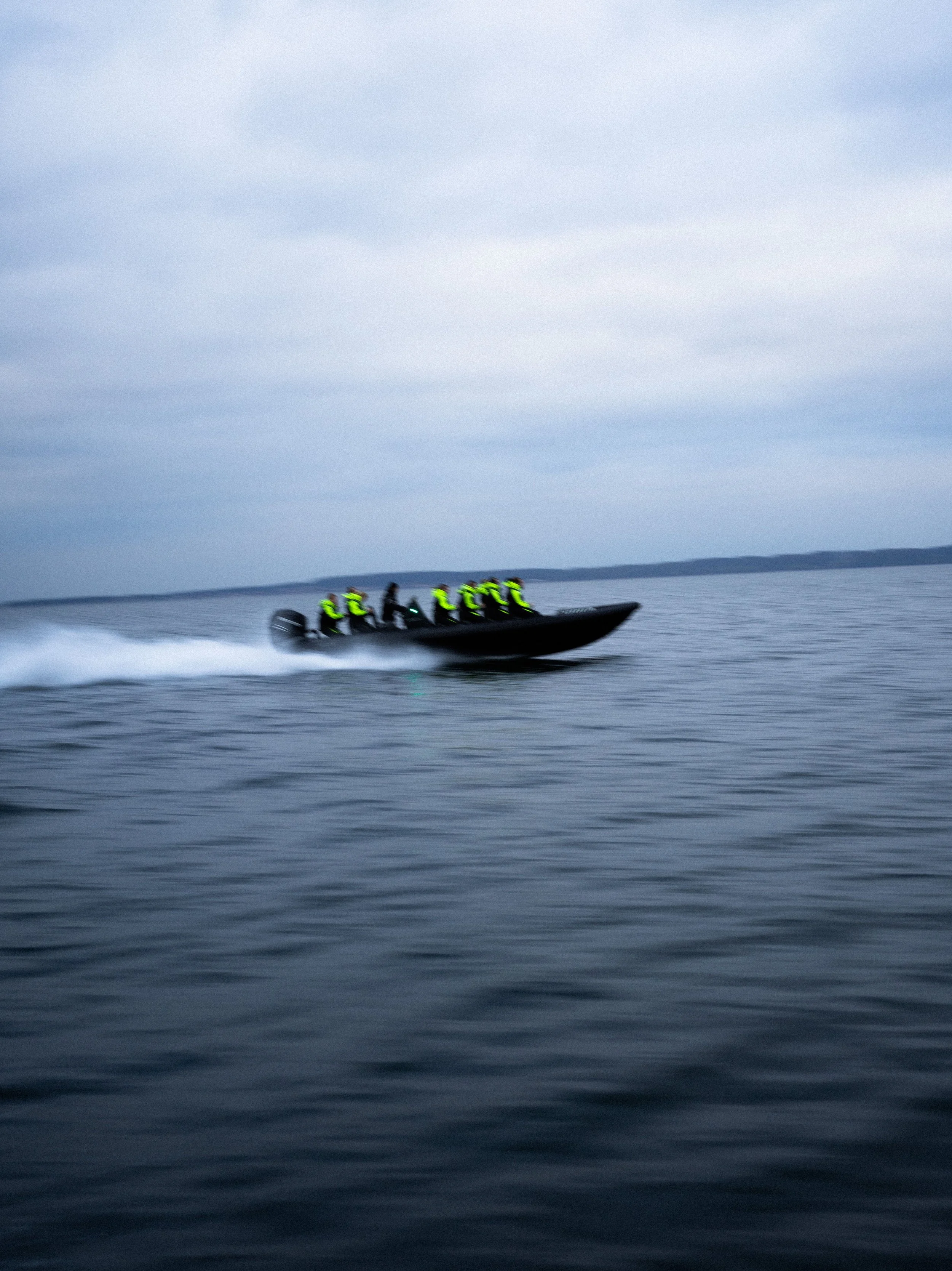 En gruppe af personer i vest rider på en speedbåd over det åbne vand under en grå skyet himmel.