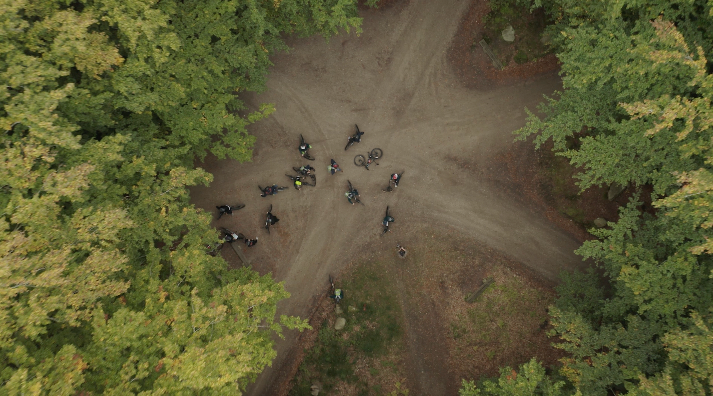 Birds eye view af en gruppe mennesker med cykler, der står i en rundning på en skovsti omgivet af grønne træer.